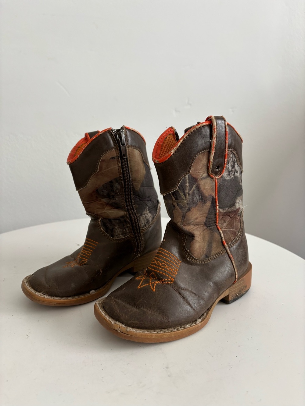 Kids Brown Camouflage Western Zip Boot with Orange Accents
